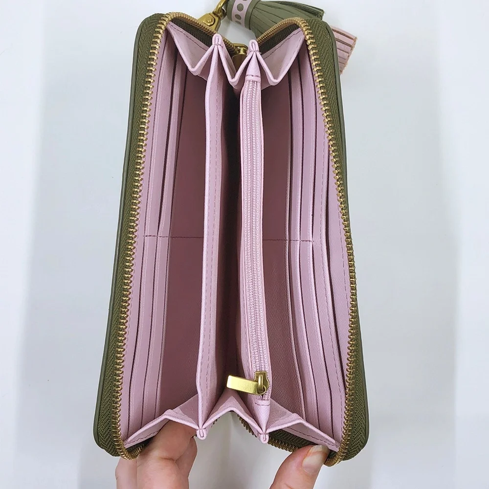 Fossil Army Green Logan Zip Clutch Wallet with Matching Tassel